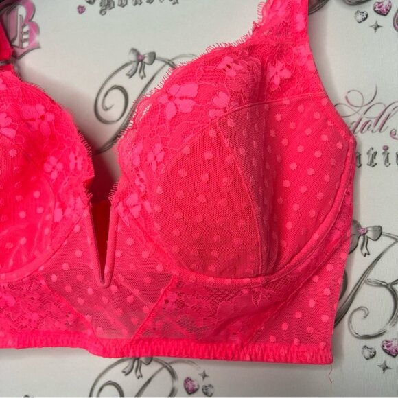 Victoria secret crop tank bra bralette lace neon pink v opening front dotted - Picture 4 of 9